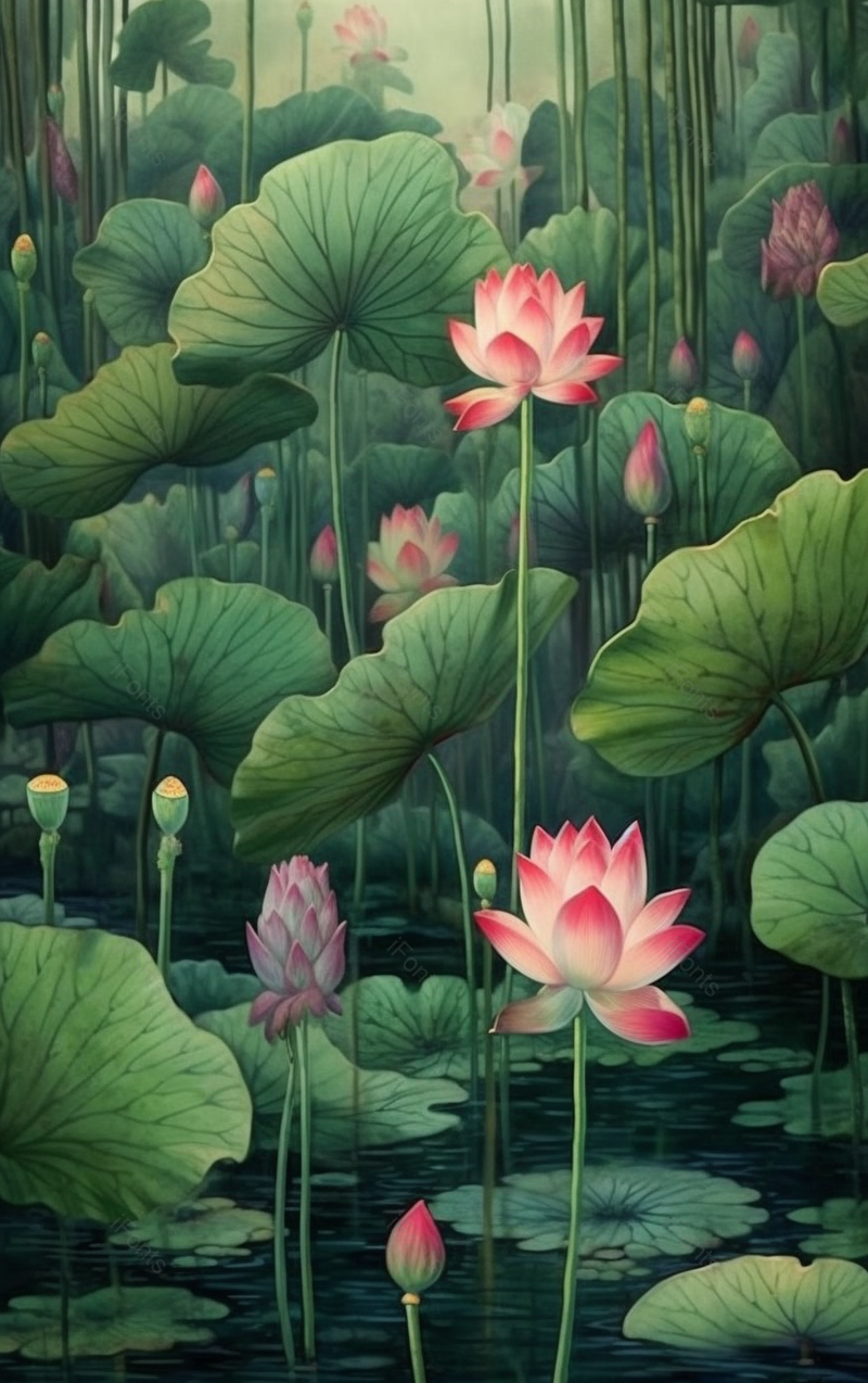 绿色国潮风池塘中的荷花荷叶背景,插画/手绘图,插画/手绘图库,插画/手绘图下载,插画/手绘